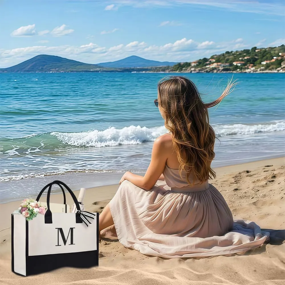 Initial Canvas Beach Bag, Canvas Tote Bag, Work Tote Bag, Reusable Grocery Bags, Personalized Gifts for Mom Friends