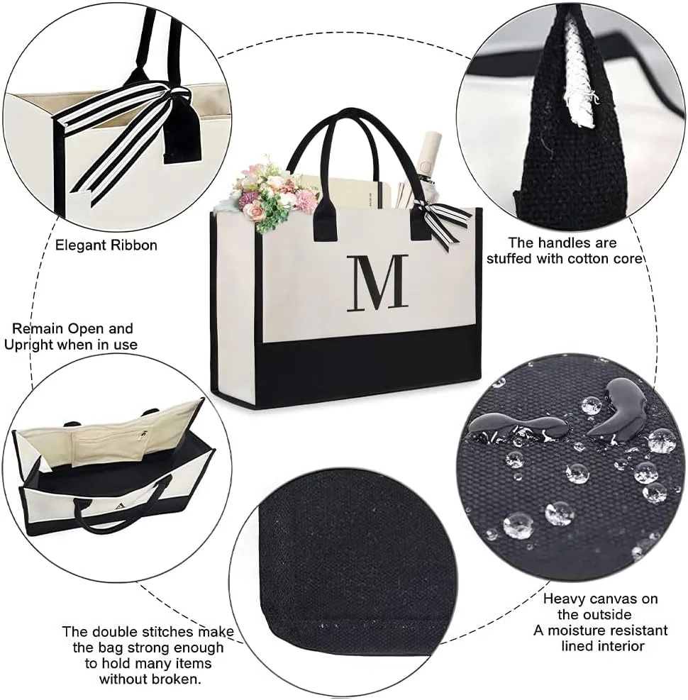 Initial Canvas Beach Bag, Canvas Tote Bag, Work Tote Bag, Reusable Grocery Bags, Personalized Gifts for Mom Friends