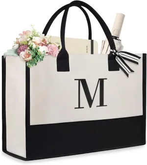 Initial Canvas Beach Bag, Canvas Tote Bag, Work Tote Bag, Reusable Grocery Bags, Personalized Gifts for Mom Friends