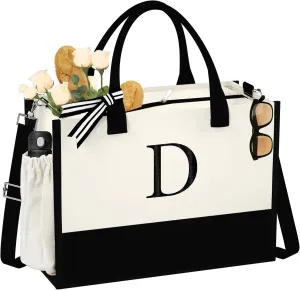 Initial Canvas Tote Bag - Reusable Grocery Bags, Birthday Gifts Basket for Bridemaids Friends Teachers