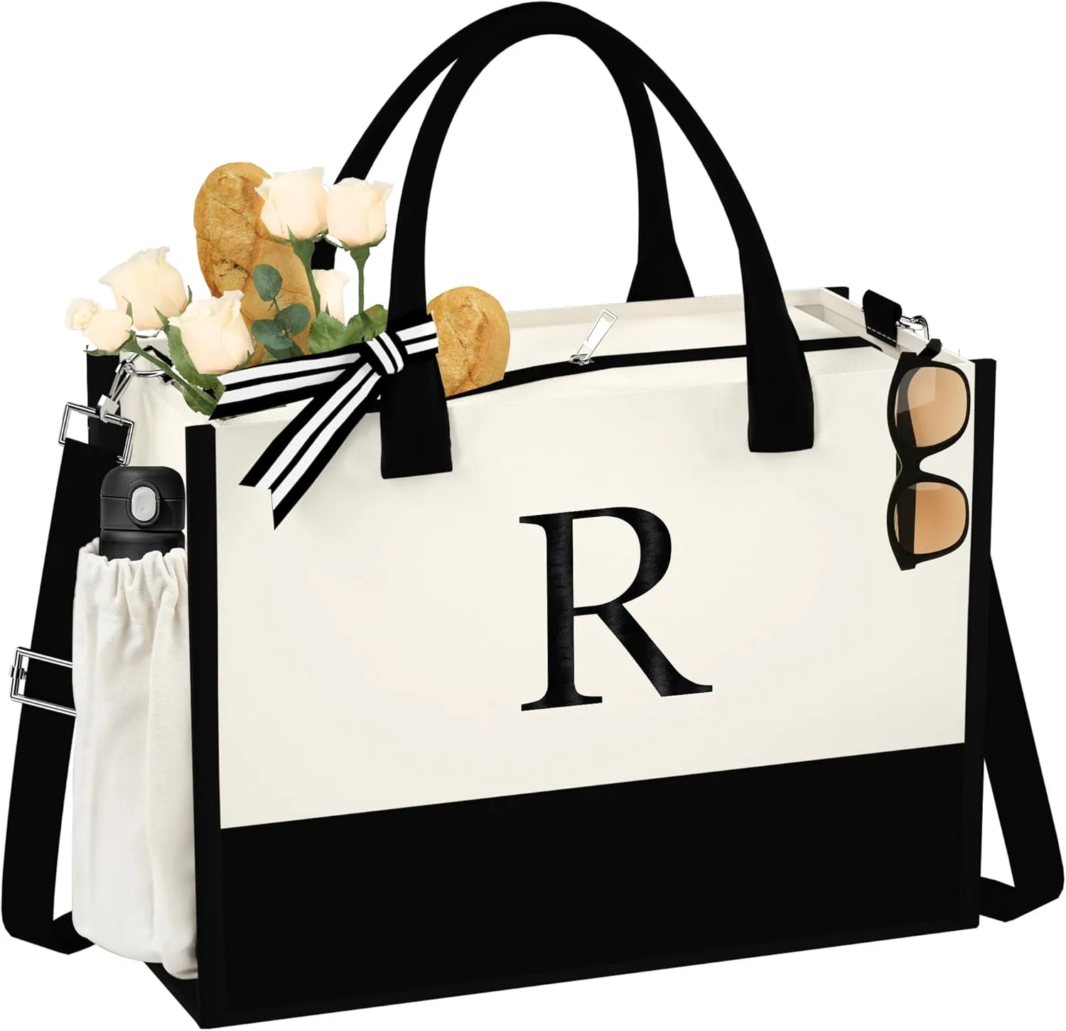 Initial Canvas Tote Bag - Reusable Grocery Bags, Birthday Gifts Basket for Bridemaids Friends Teachers