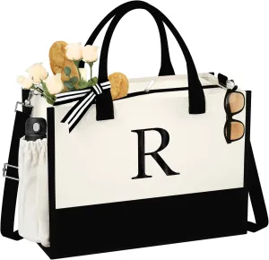 Initial Canvas Tote Bag - Reusable Grocery Bags, Birthday Gifts Basket for Bridemaids Friends Teachers