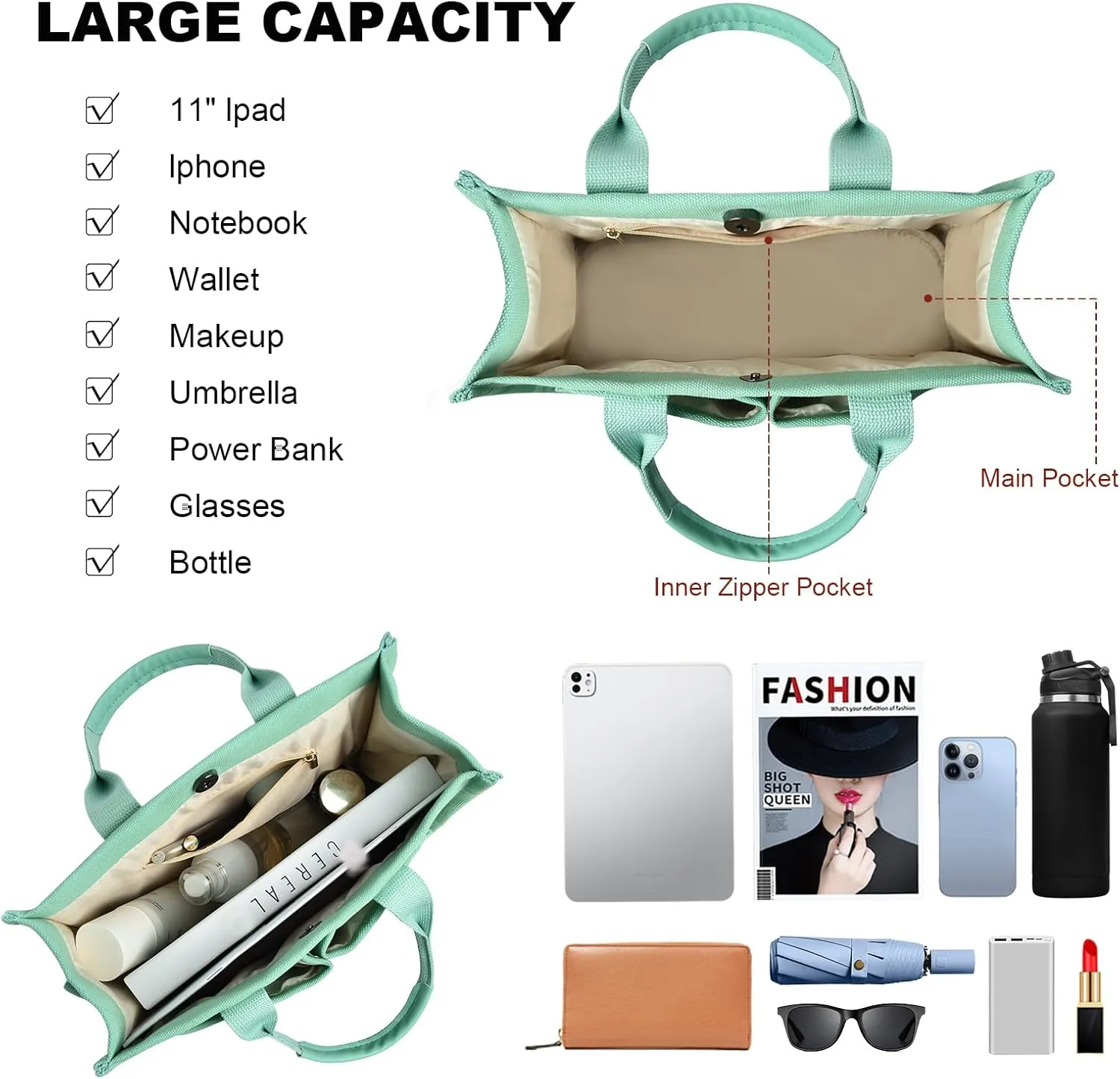 IwIeIaIrI Canvas Tote Bag for Women with Multi Pockets,Trendy Shoulder Handbag with Compartments for shopping,Work,Beach