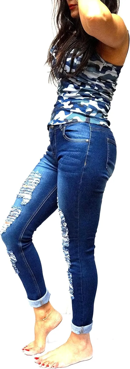 Jack David/Pasion/U.W.D Womens Distressed Denim Jeans Ripped Blue Skinny Destroy Stretch Jean Pants