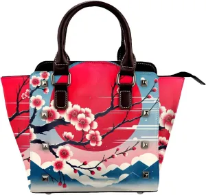 Japan-Cherry-Sun Pu Leather Crossbody Studded Bag, Fashionable Shoulder Handbag With Detachable Shoulder Strap