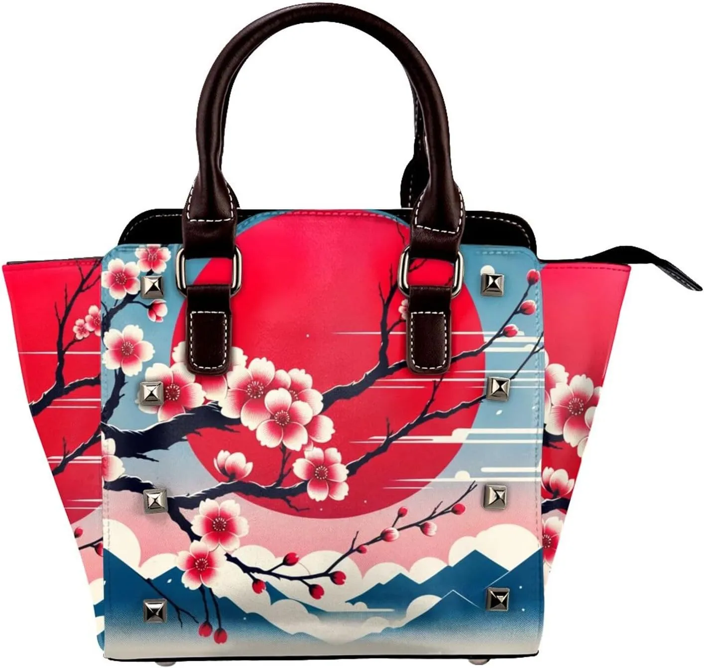 Japan-Cherry-Sun Pu Leather Crossbody Studded Bag, Fashionable Shoulder Handbag With Detachable Shoulder Strap