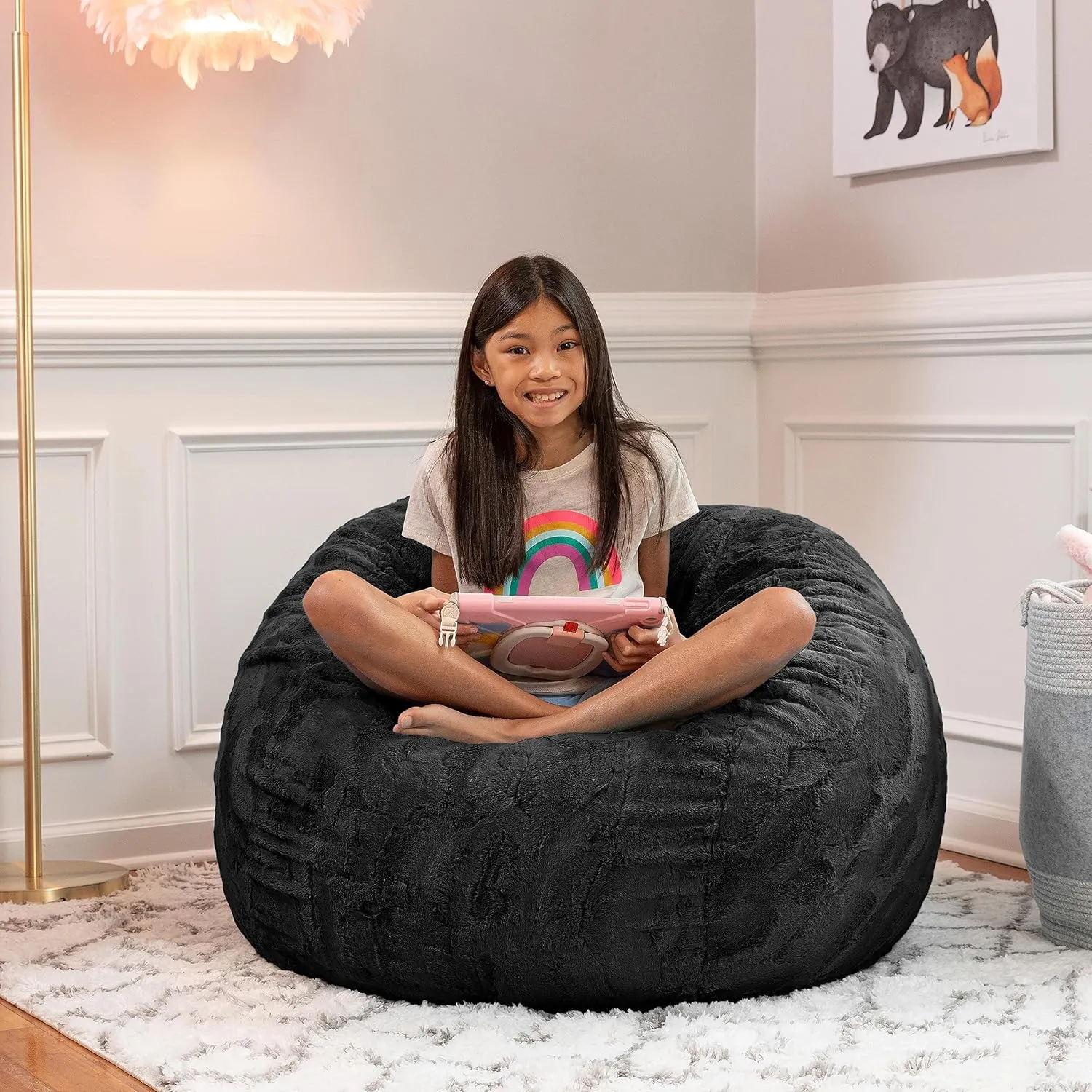 Jaxx Saxx 3 Foot Bean Bag Chair - Faux Fur, Black