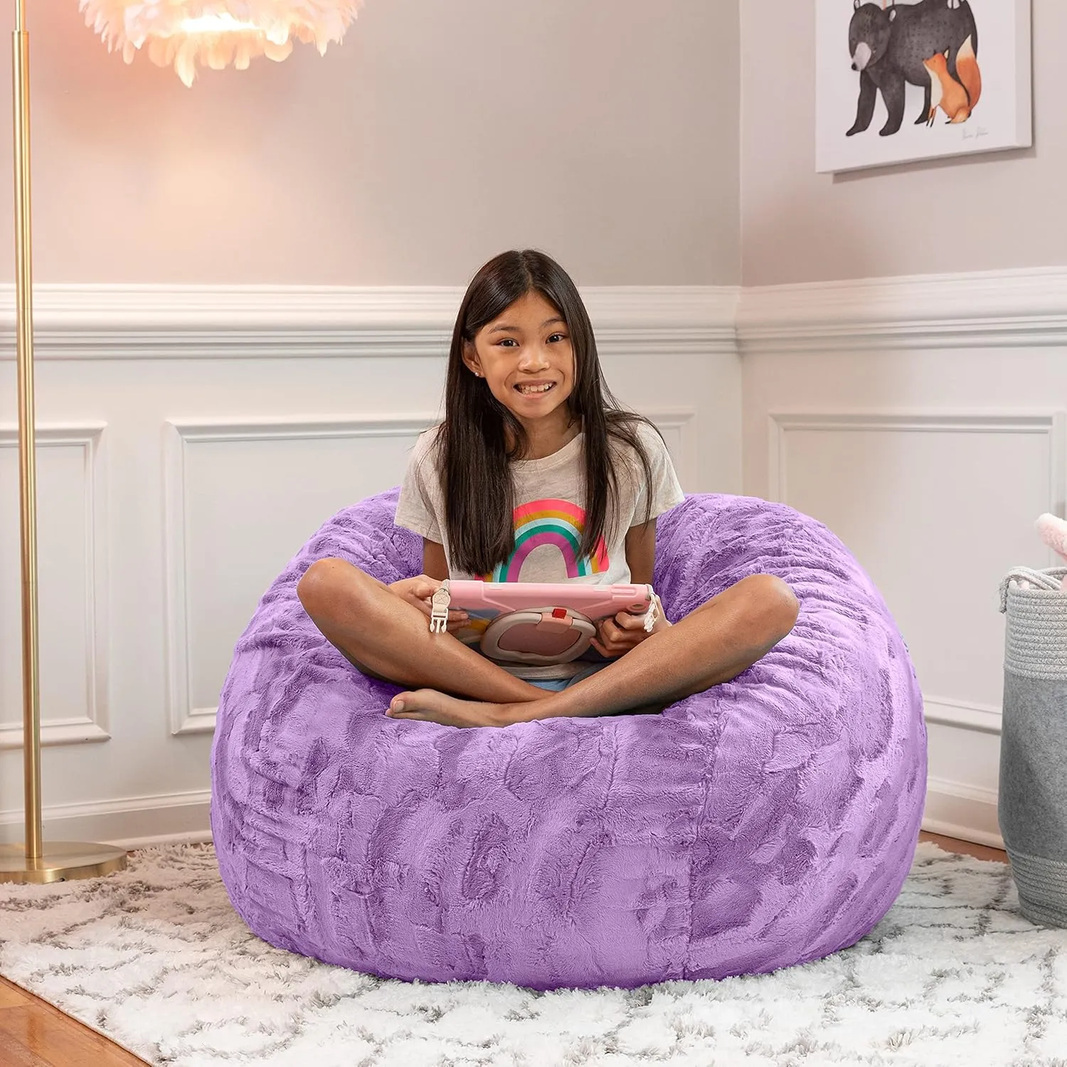 Jaxx Saxx 3 Foot Bean Bag Chair - Faux Fur - Fun Colors, Bellflower Purple
