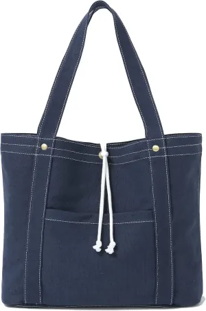 Jeelow 16oz Washed Canvas Tote Handbag Shoulder Bag with Pockets for Men & Women - Lightweight Casual Everyday Bag (Blue White String)