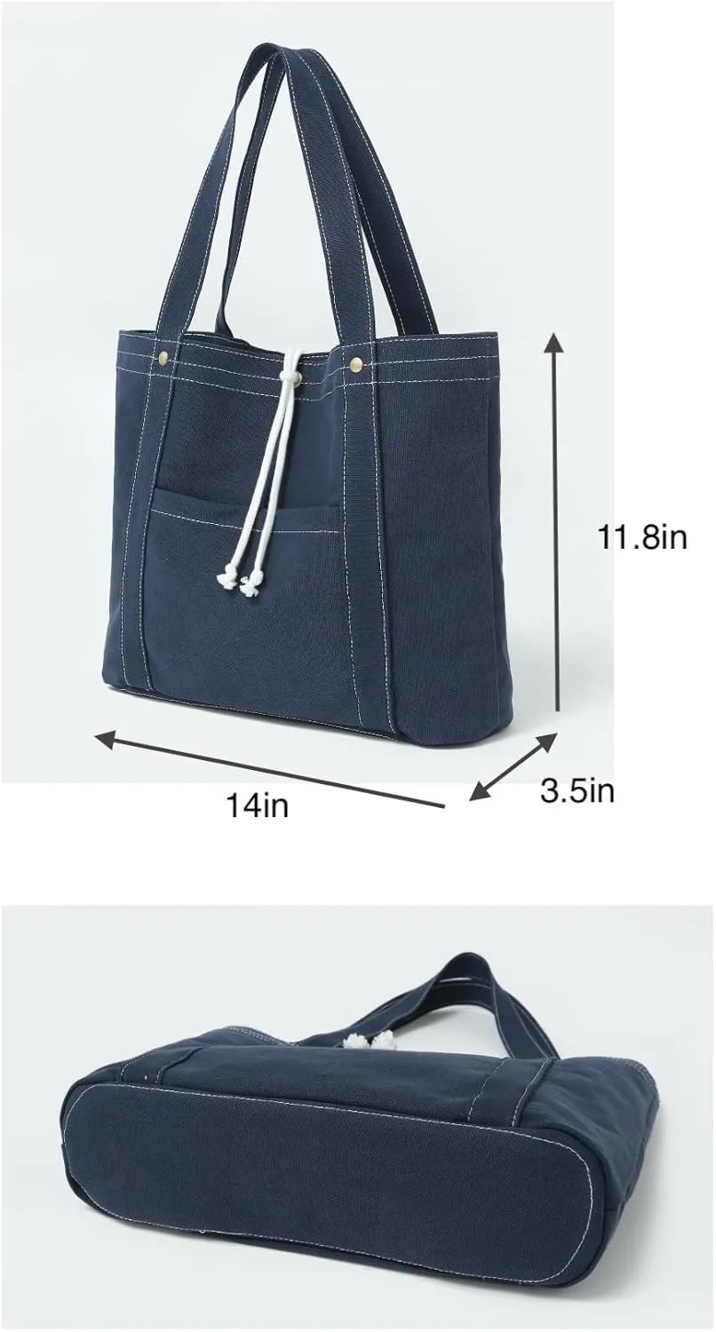 Jeelow 16oz Washed Canvas Tote Handbag Shoulder Bag with Pockets for Men & Women - Lightweight Casual Everyday Bag (Blue White String)