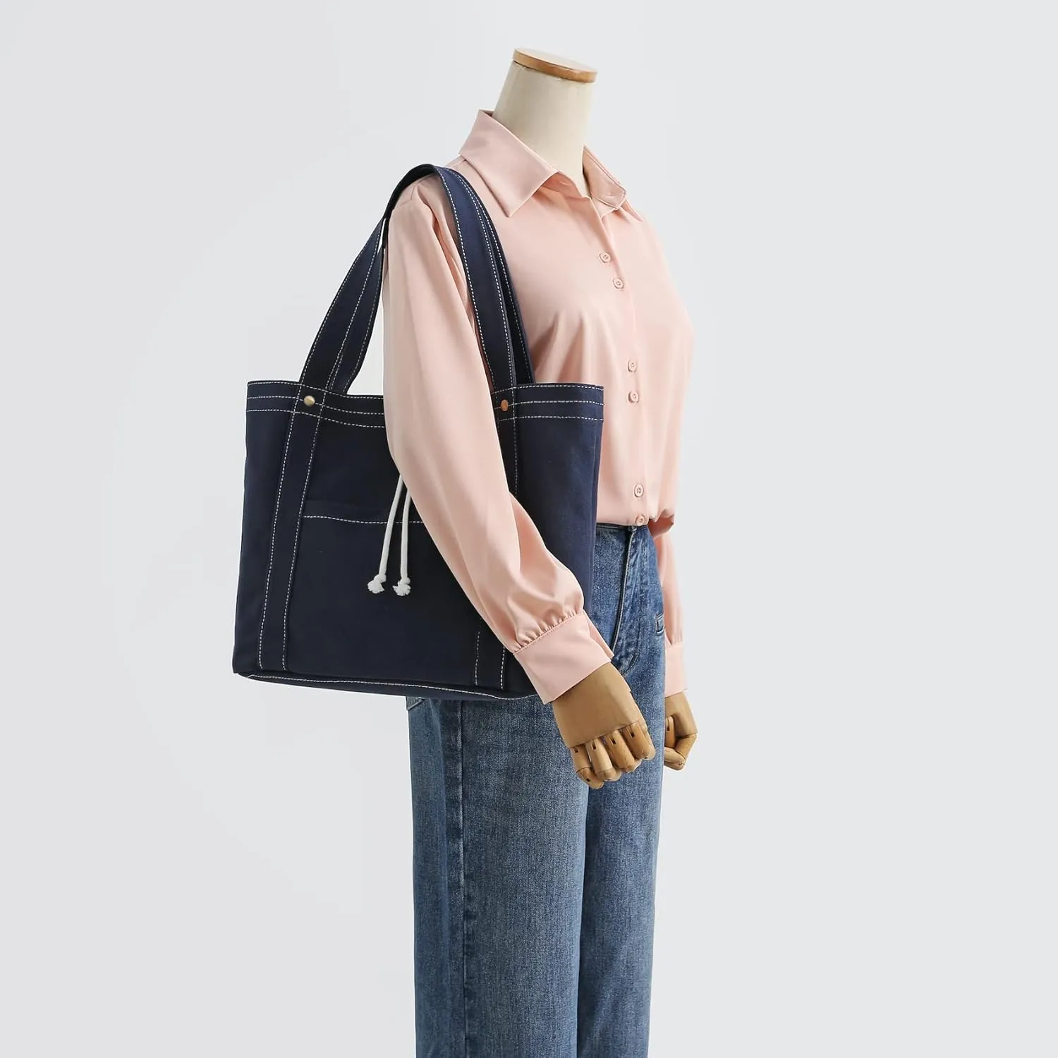Jeelow 16oz Washed Canvas Tote Handbag Shoulder Bag with Pockets for Men & Women - Lightweight Casual Everyday Bag (Blue White String)