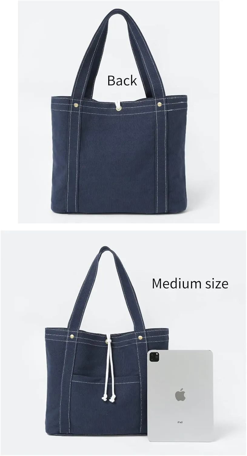 Jeelow 16oz Washed Canvas Tote Handbag Shoulder Bag with Pockets for Men & Women - Lightweight Casual Everyday Bag (Blue White String)
