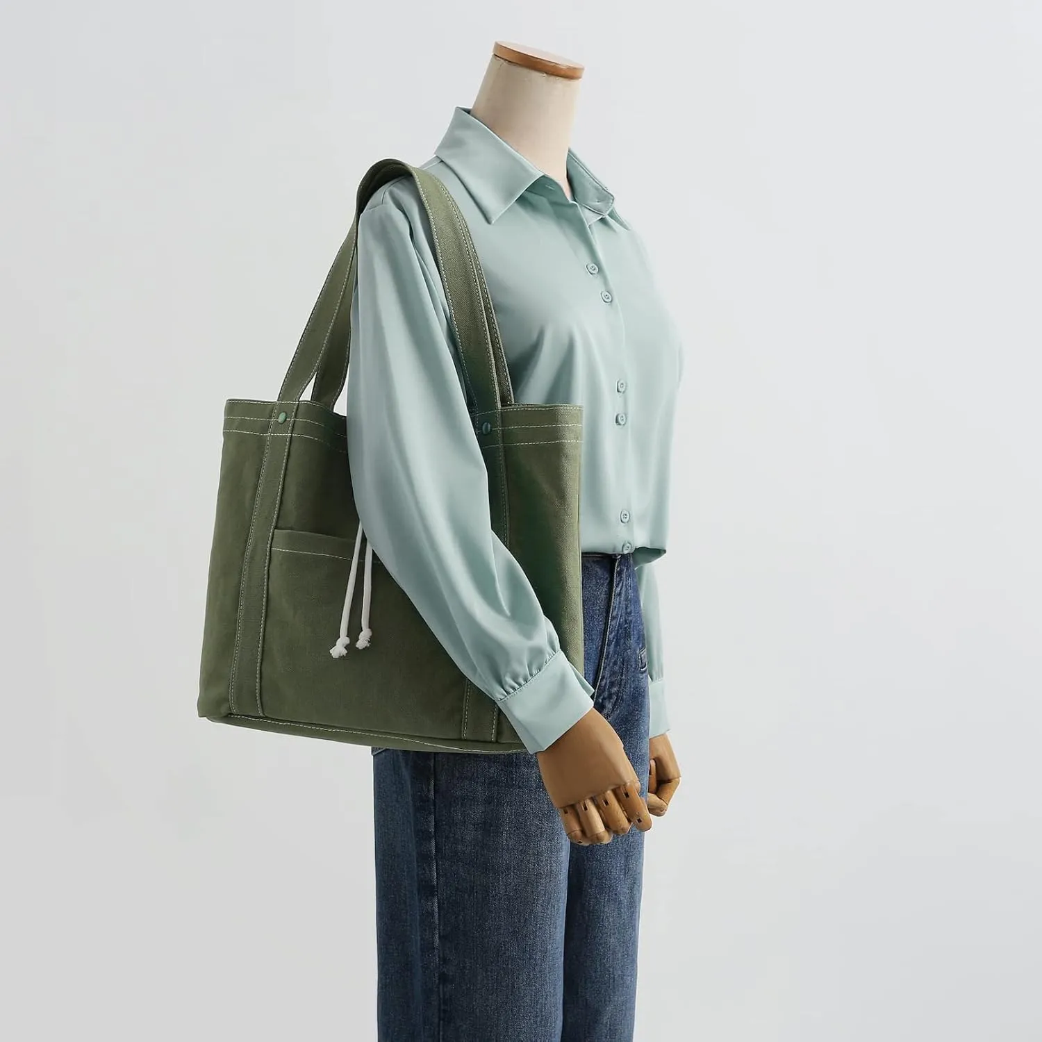 Jeelow 16oz Washed Canvas Tote Handbag Shoulder Bag with Pockets for Men & Women - Lightweight Casual Everyday Bag (Green)