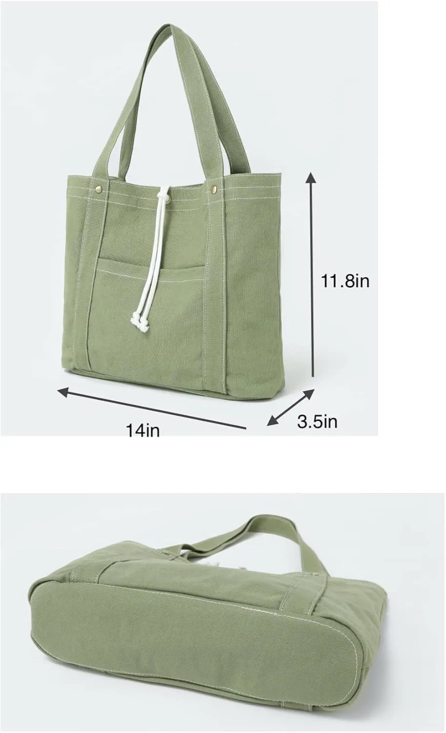 Jeelow 16oz Washed Canvas Tote Handbag Shoulder Bag with Pockets for Men & Women - Lightweight Casual Everyday Bag (Green)