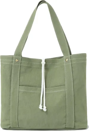 Jeelow 16oz Washed Canvas Tote Handbag Shoulder Bag with Pockets for Men & Women - Lightweight Casual Everyday Bag (Green)