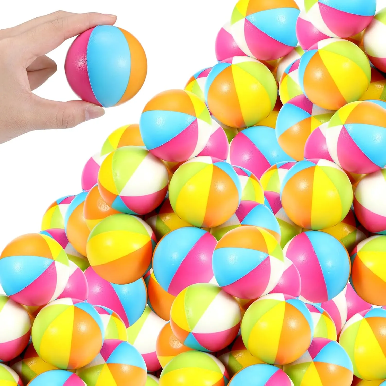 Jexine 100PCS Mini Beach Stress Balls Bulk 2.5" Rainbow Squeeze Mini Pool Balls Beach Stress Relief Toys for Girl Boy Birthday Summer Hawaiian Water Games Party Favor(Intense Color)