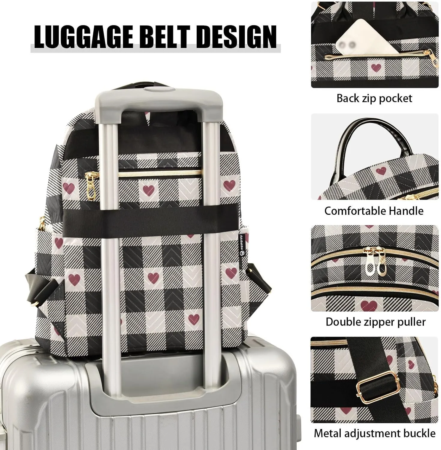 JIPONI Valentine Heart Buffalo Plaid Backpack Purse for Women Lightweight Back Pack Casual Daypack Travel Shoulder Bag Bookbag - S