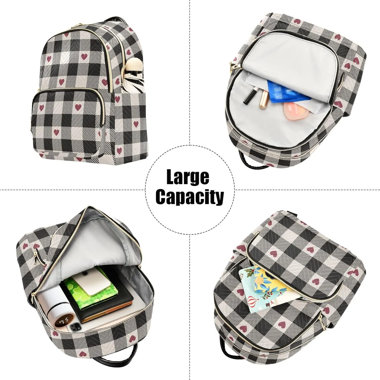 JIPONI Valentine Heart Buffalo Plaid Backpack Purse for Women Lightweight Back Pack Casual Daypack Travel Shoulder Bag Bookbag - S