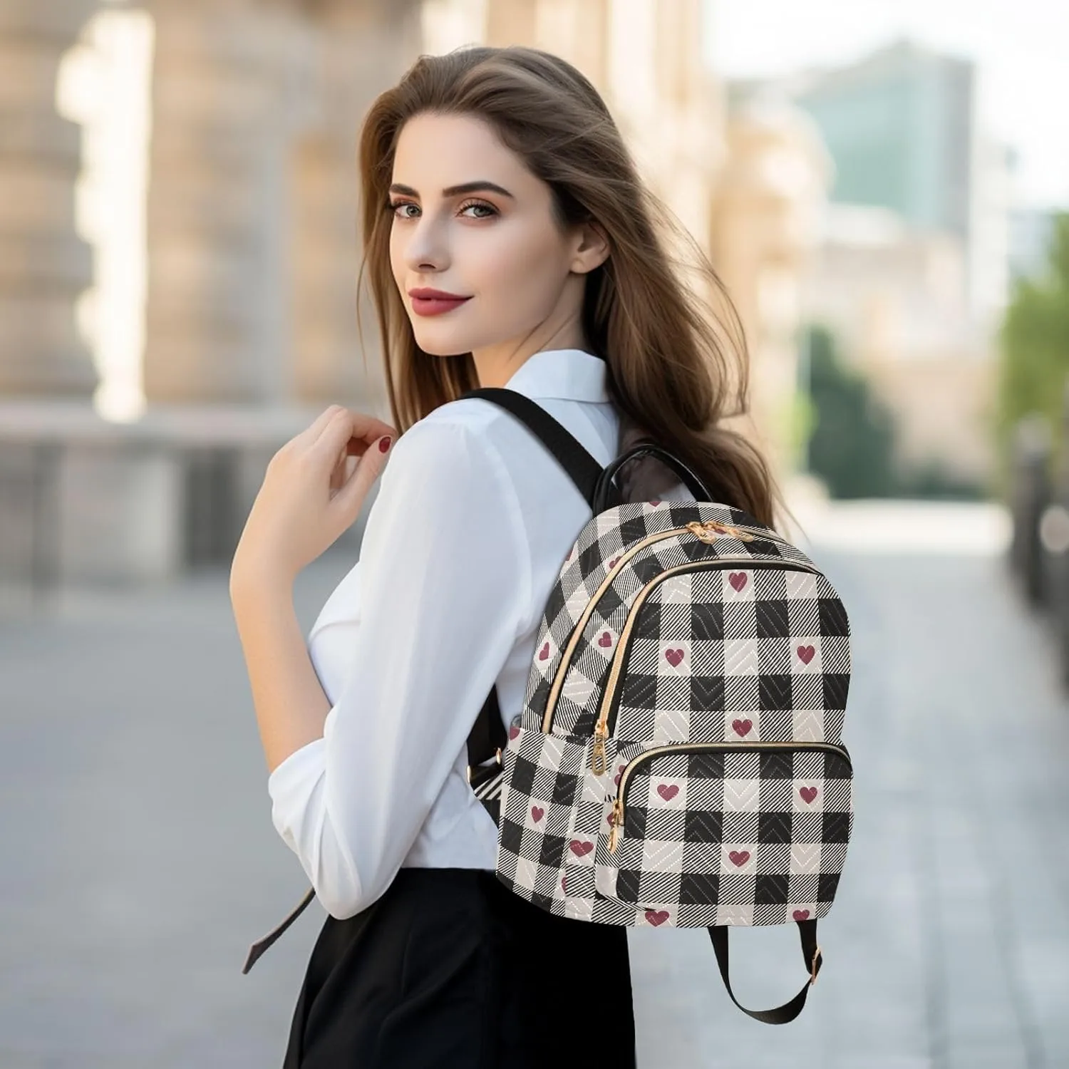 JIPONI Valentine Heart Buffalo Plaid Backpack Purse for Women Lightweight Back Pack Casual Daypack Travel Shoulder Bag Bookbag - S
