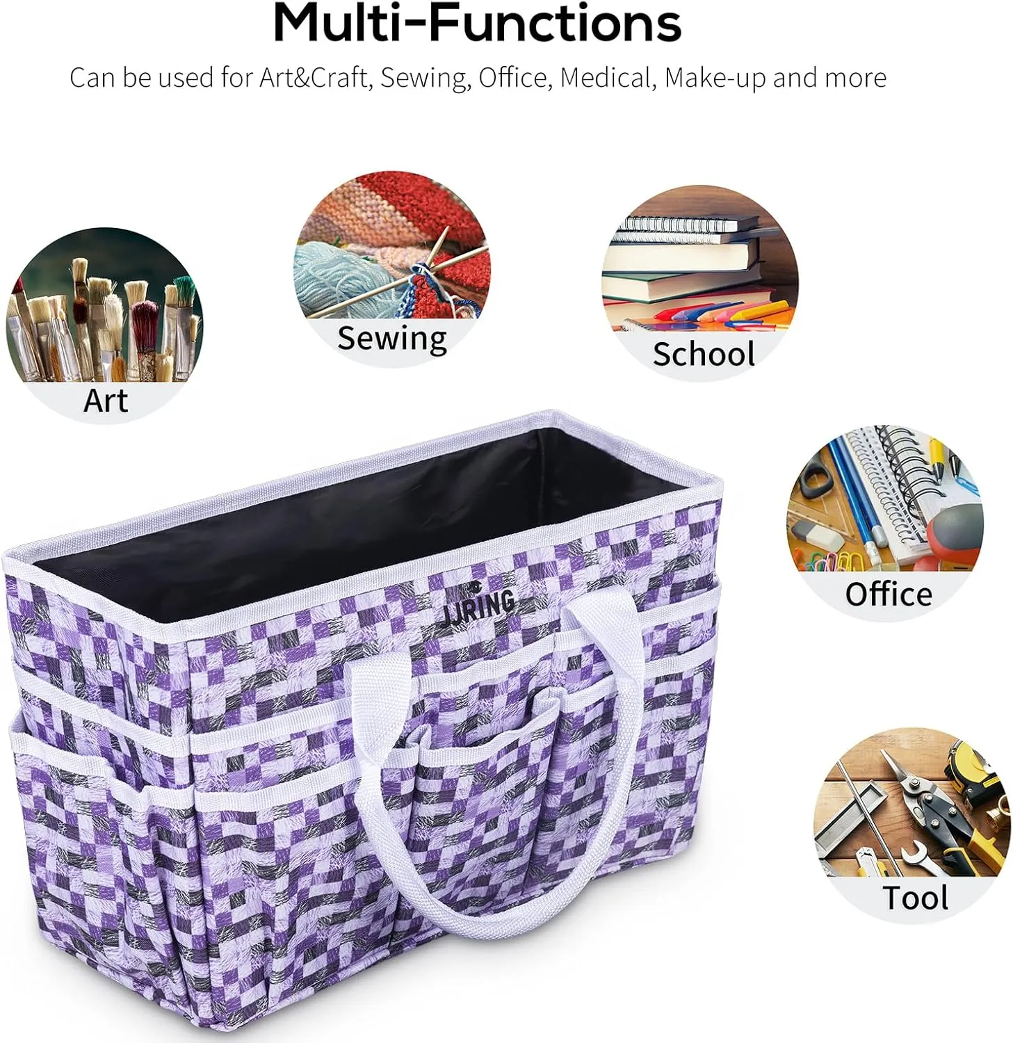 JJRING Craft Tote Storage Bag, Art Organizer Tote Bag with Multiple Pockets, Craft Supply Bag for Art, Craft, Sewing, and Office Supplies, Purple, JT0639