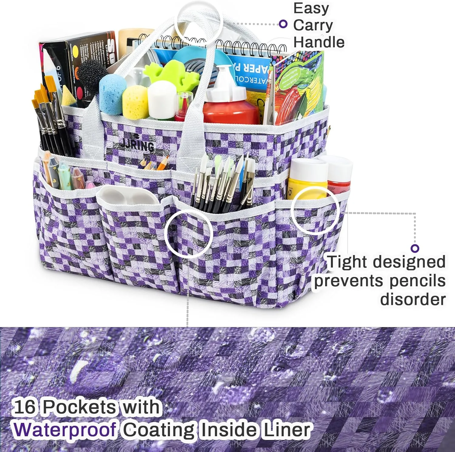 JJRING Craft Tote Storage Bag, Art Organizer Tote Bag with Multiple Pockets, Craft Supply Bag for Art, Craft, Sewing, and Office Supplies, Purple, JT0639