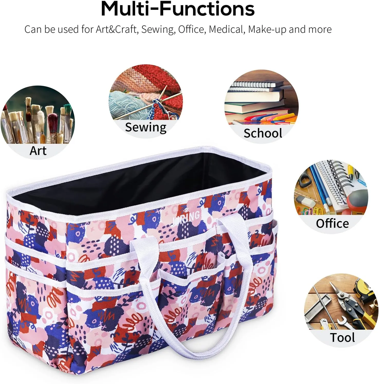 JJRING Craft Tote Storage Bag, Art Organizer Tote with Multiple Pockets, Craft Supply Bag for Art, Sewing, and Office Supplies, Pink