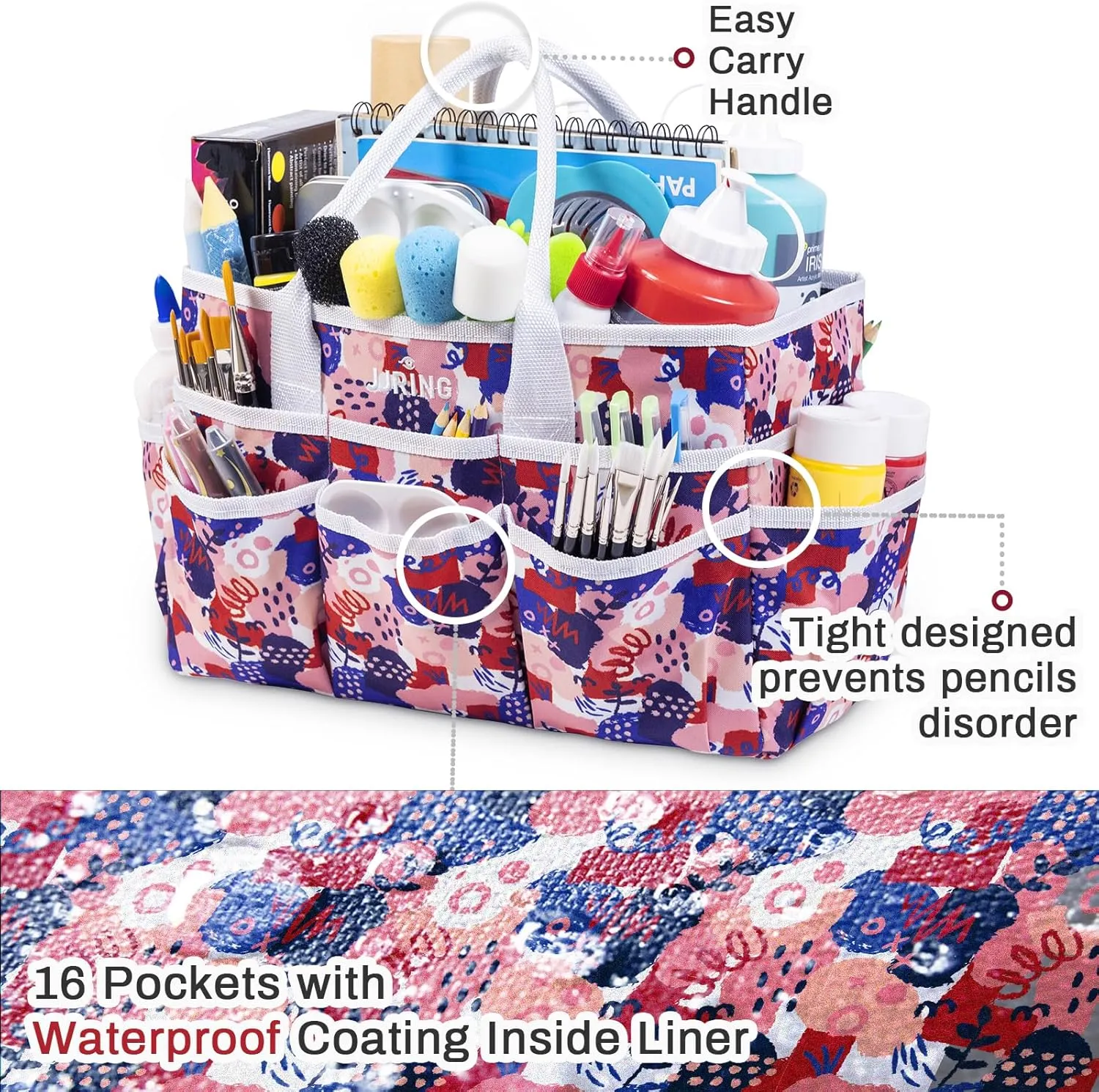 JJRING Craft Tote Storage Bag, Art Organizer Tote with Multiple Pockets, Craft Supply Bag for Art, Sewing, and Office Supplies, Pink