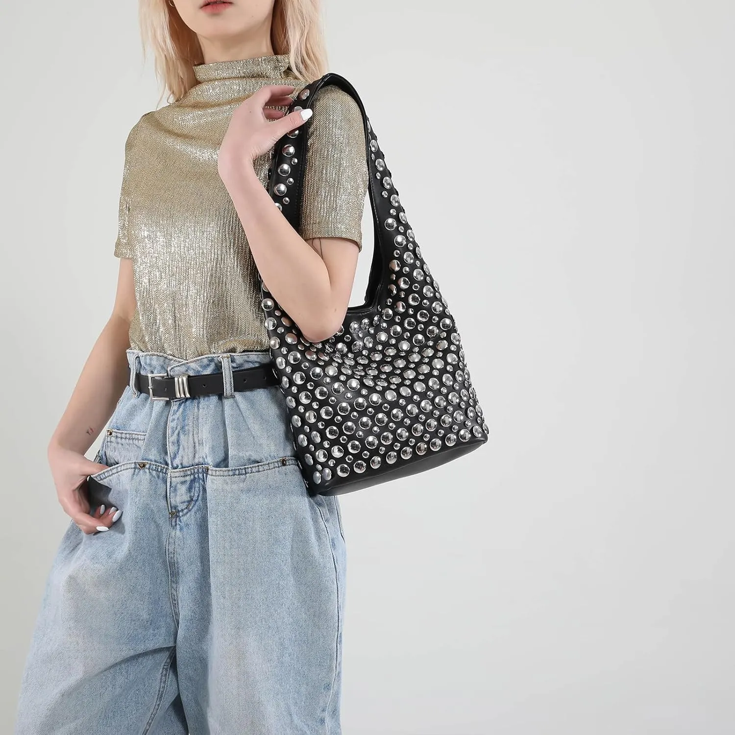 JQAliMOVV Studded Purses for Women Vegan Leather Tote Bag 90s Y2K Punk Purse Stud Shoulder Handbags