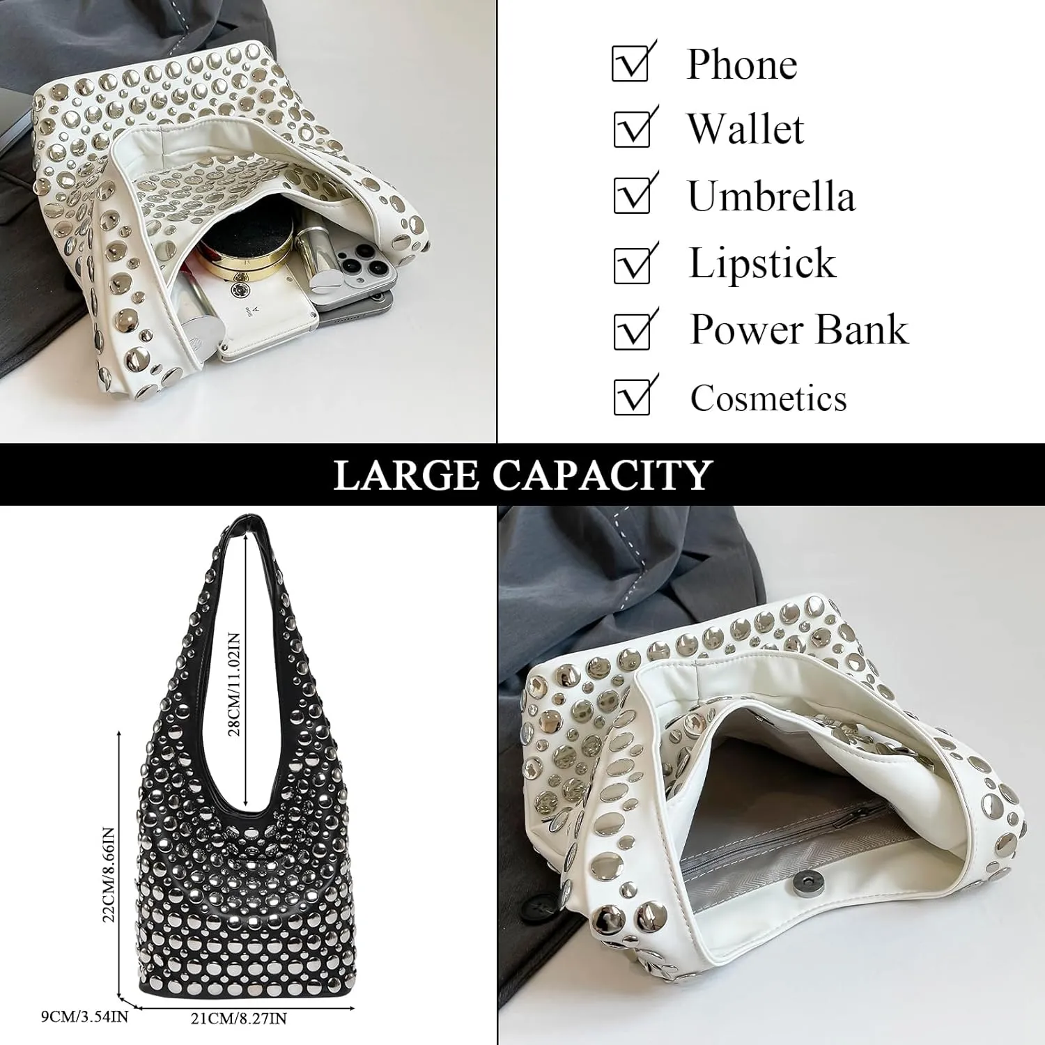 JQAliMOVV Studded Purses for Women Vegan Leather Tote Bag 90s Y2K Punk Purse Stud Shoulder Handbags