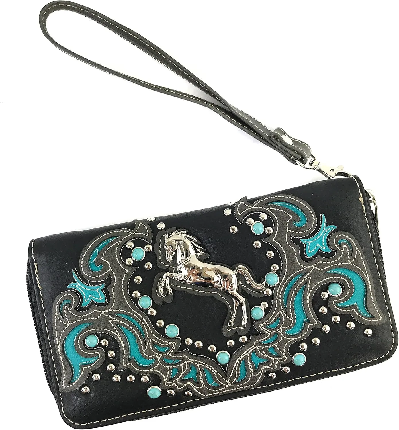 Justin West Horse Embroidery Studded Turquoise Stone Concealed Carry Handbag Purse Matching Wallet