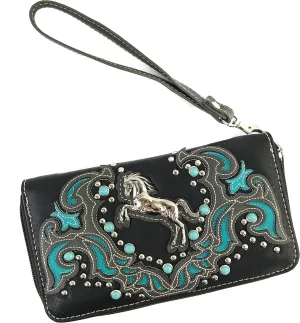 Justin West Horse Embroidery Studded Turquoise Stone Concealed Carry Handbag Purse Matching Wallet