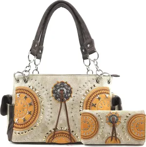 Justin West Native American Circle Mountain Gold Studs Embroidered Studded CCW Concealed Carry Shoulder Purse Handbag