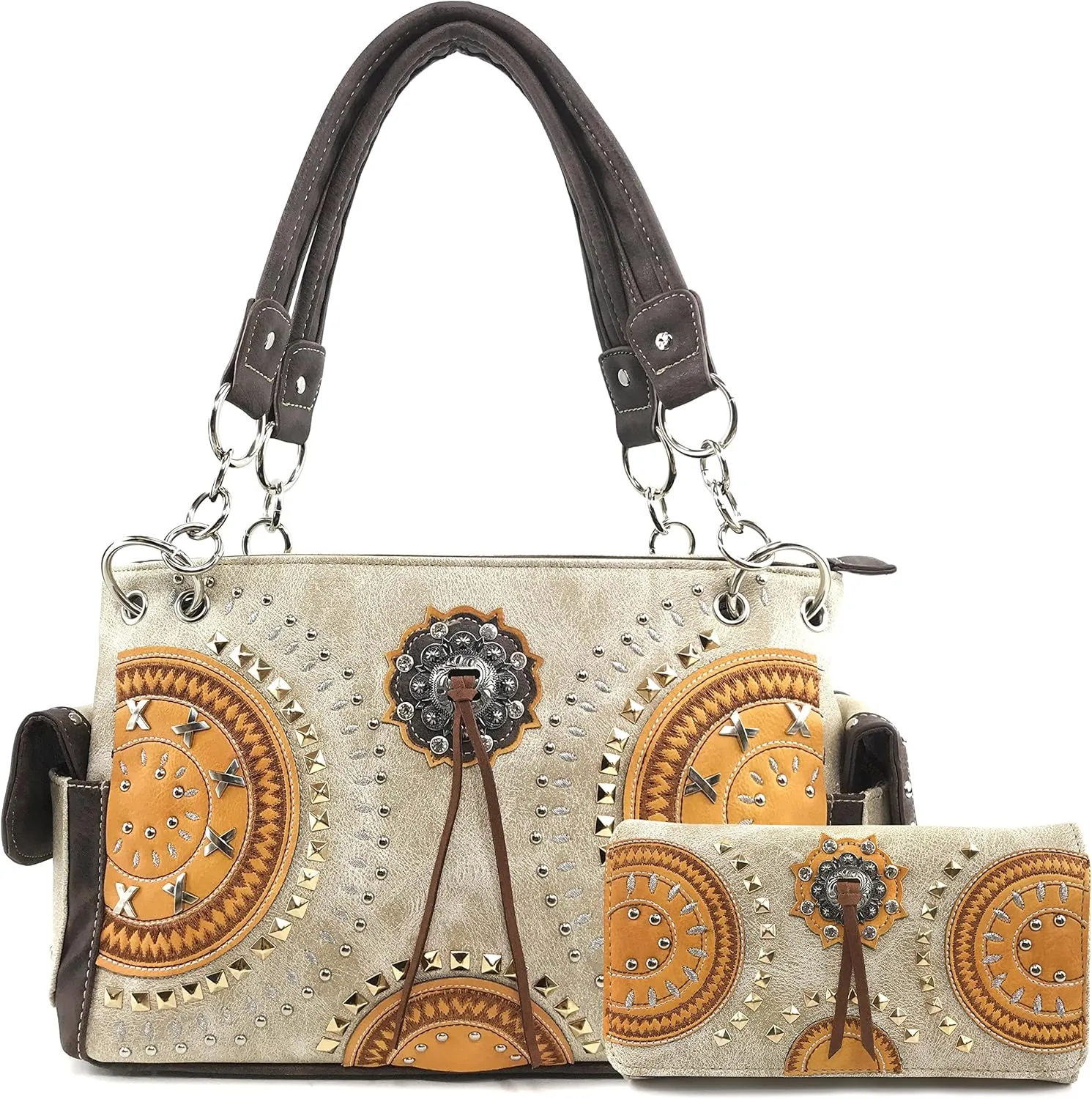 Justin West Native American Circle Mountain Gold Studs Embroidered Studded CCW Concealed Carry Shoulder Purse Handbag