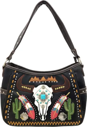 Justin West Native Longhorn Cow Skull Cactus Feather Color Conceal Carry Shoulder Handbag Purse | Trifold Wallet