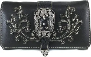 Justin West Tooled Laser Cut Leather Floral Embroidery Rhinestone Buckle Studded Shoulder Concealed Carry Tote Style Handbag Purse (Black Wallet Only)