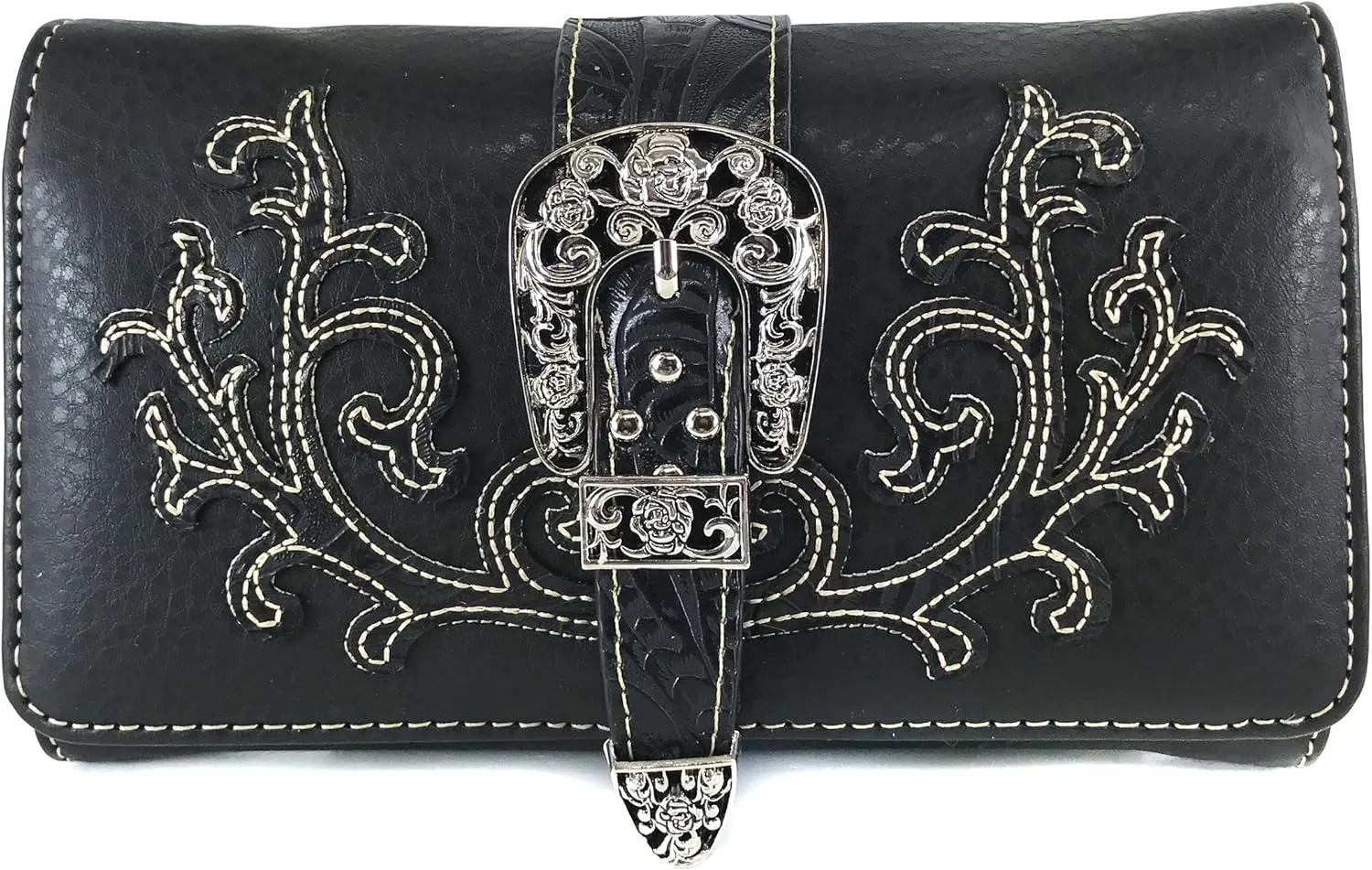 Justin West Tooled Laser Cut Leather Floral Embroidery Rhinestone Buckle Studded Shoulder Concealed Carry Tote Style Handbag Purse (Black Wallet Only)