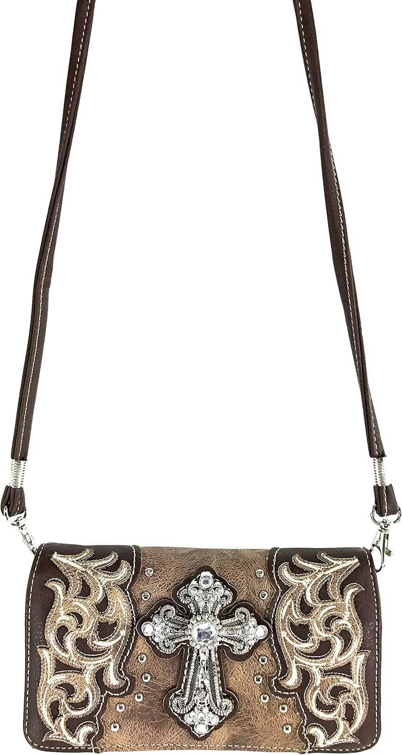 Justin West Tooled Leather Laser Cut Rhinestone Cross Studded Shoulder Concealed Carry Tote Style Handbag Purse