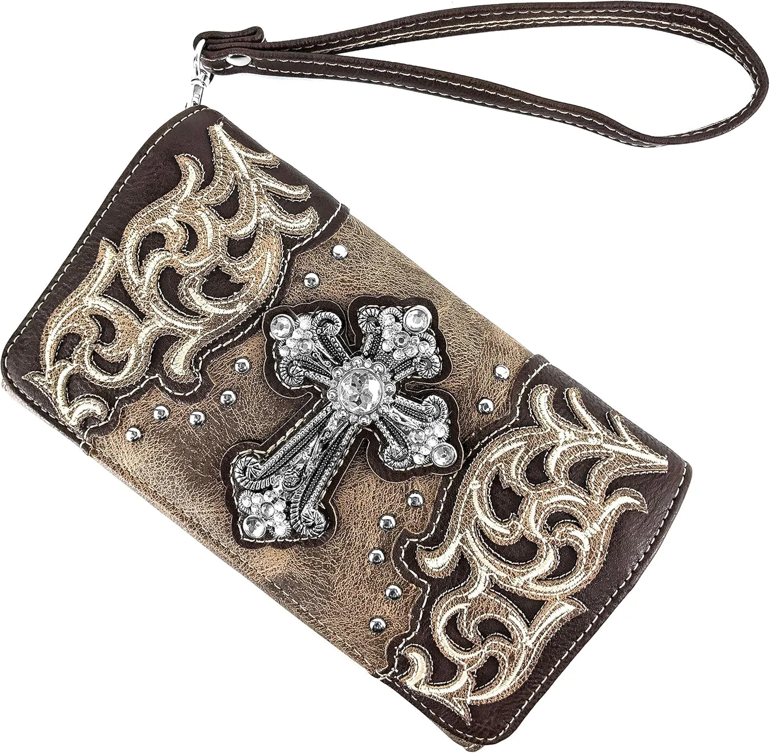 Justin West Tooled Leather Laser Cut Rhinestone Cross Studded Shoulder Concealed Carry Tote Style Handbag Purse