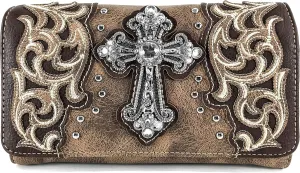 Justin West Tooled Leather Laser Cut Rhinestone Cross Studded Shoulder Concealed Carry Tote Style Handbag Purse