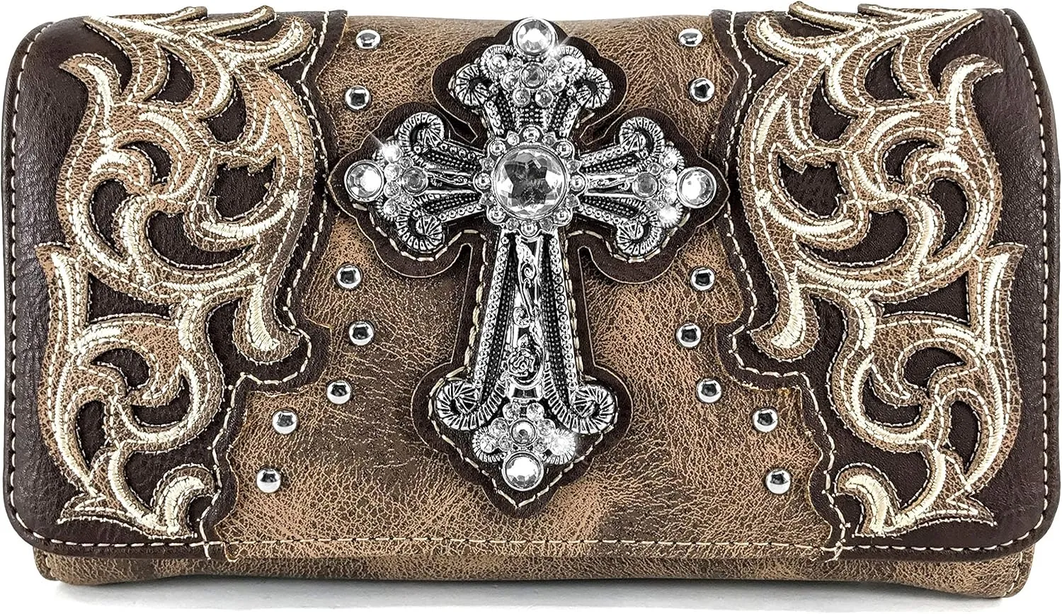 Justin West Tooled Leather Laser Cut Rhinestone Cross Studded Shoulder Concealed Carry Tote Style Handbag Purse