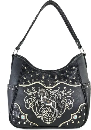Justin West Western Embroidery Horse Turquoise Concho Rhinestone Studded Shoulder Tote Handbag Purse Wallet