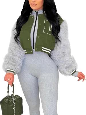 KANSOON Varsity Jacket Women Faux Fur Sleeve Cropped Baseball Jacket Button Up Casual Patchwork Letterman Coat