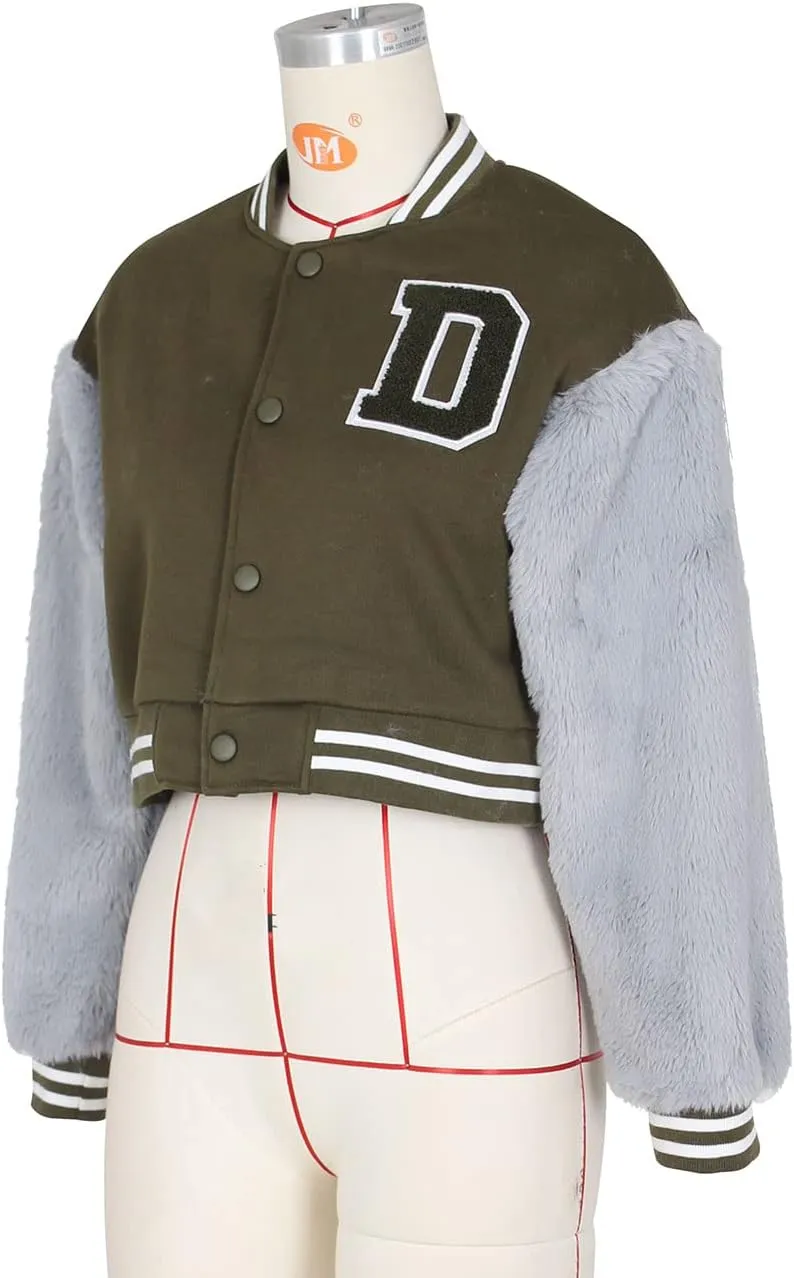 KANSOON Varsity Jacket Women Faux Fur Sleeve Cropped Baseball Jacket Button Up Casual Patchwork Letterman Coat
