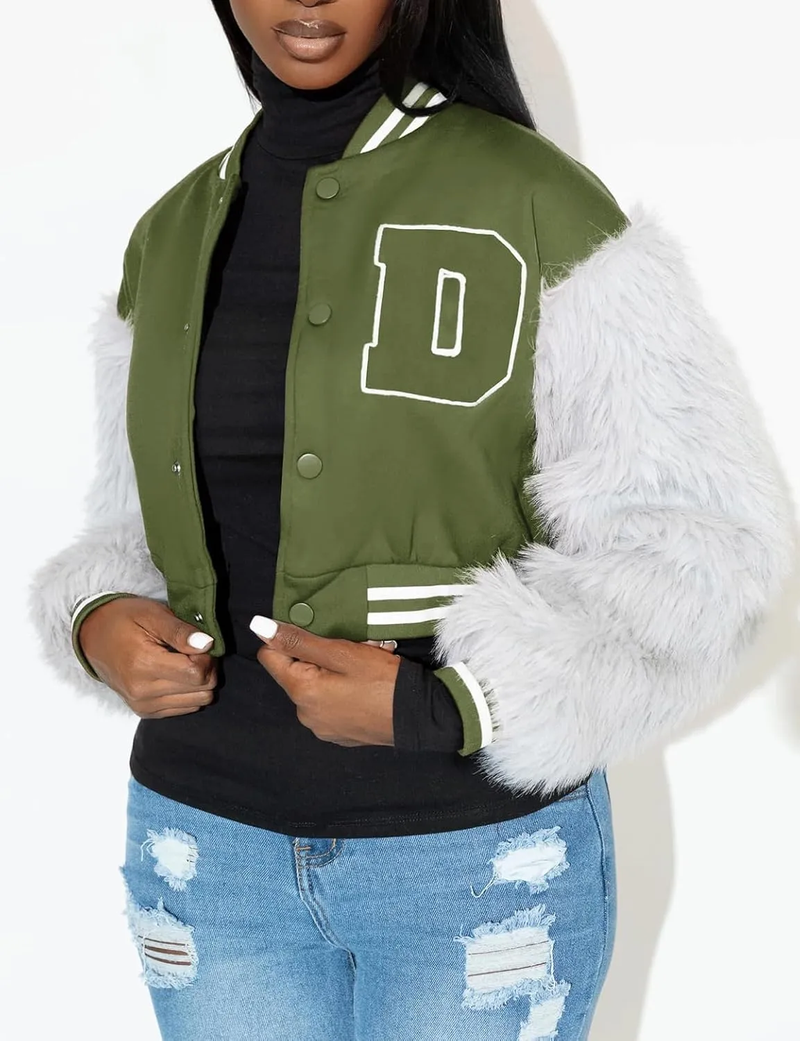 KANSOON Varsity Jacket Women Faux Fur Sleeve Cropped Baseball Jacket Button Up Casual Patchwork Letterman Coat