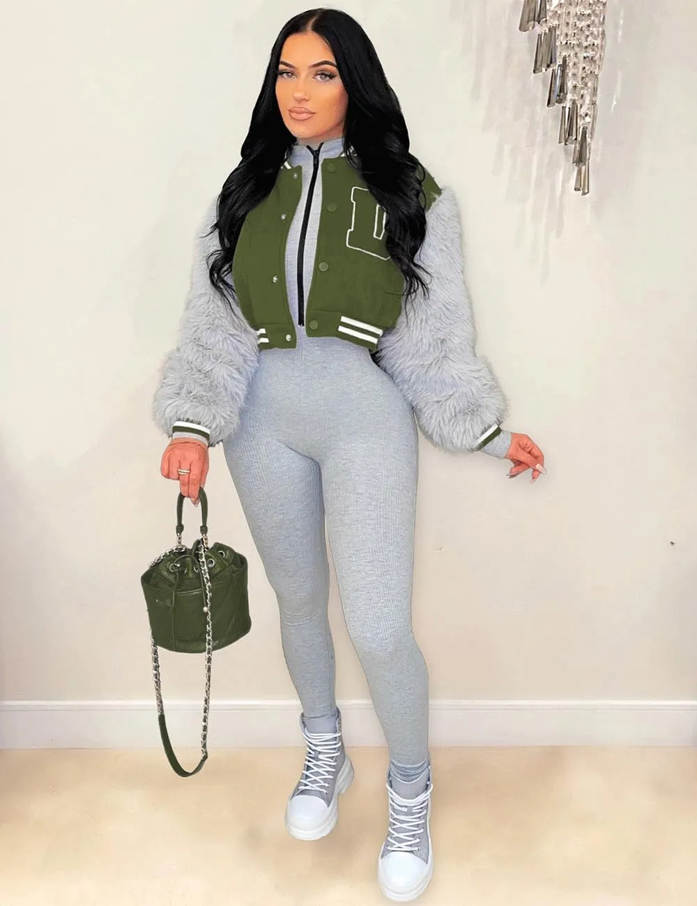 KANSOON Varsity Jacket Women Faux Fur Sleeve Cropped Baseball Jacket Button Up Casual Patchwork Letterman Coat
