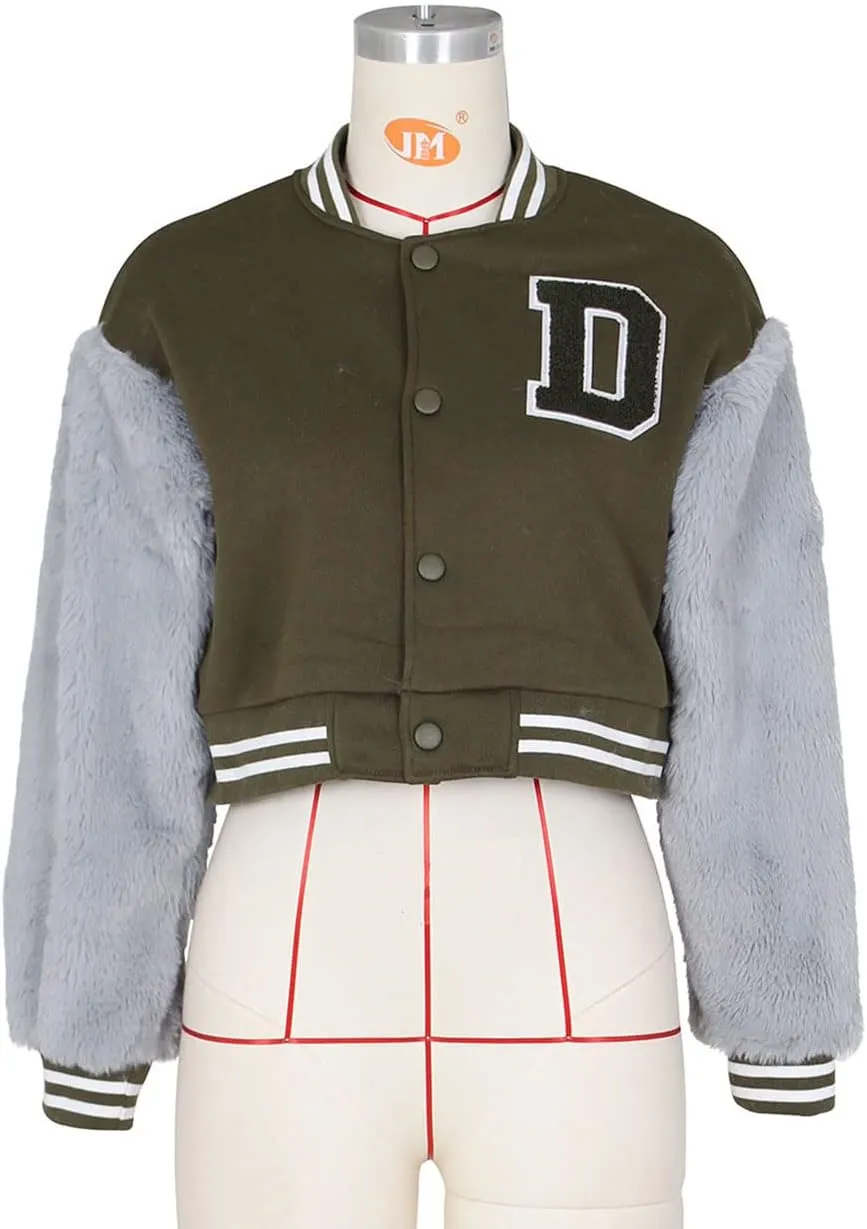 KANSOON Varsity Jacket Women Faux Fur Sleeve Cropped Baseball Jacket Button Up Casual Patchwork Letterman Coat
