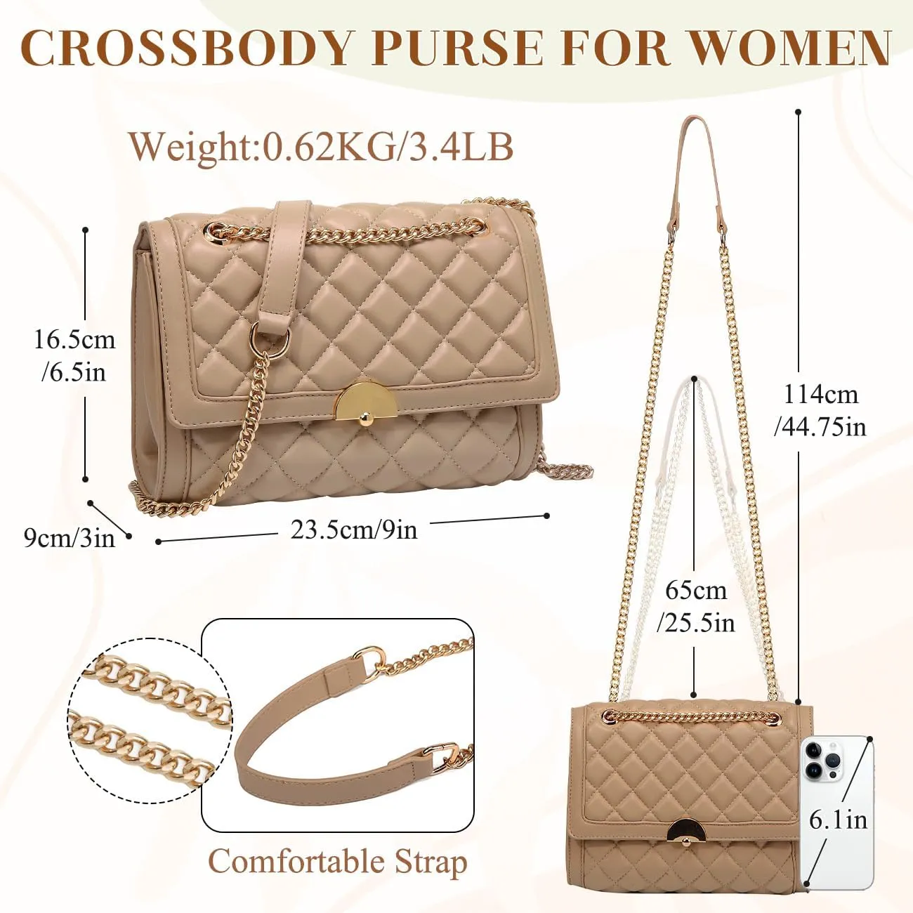 Kasqo Quilted Shoulder Bags for Women,Vegan Leather Crossbody Bag with Adjustable Chain Strap,Evening Handbag Clutch Purse
