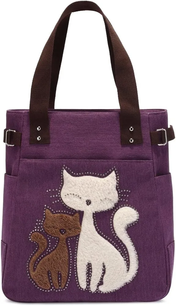 KAUKKO Women Canvas Handbag Shoulder Bag Cat Big Tote Bag(093-PURPLE)