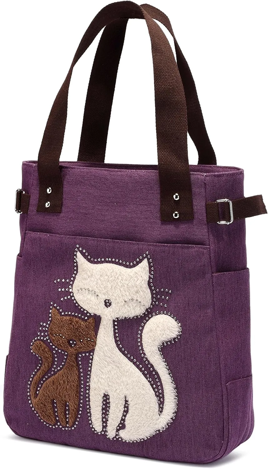 KAUKKO Women Canvas Handbag Shoulder Bag Cat Big Tote Bag(093-PURPLE)