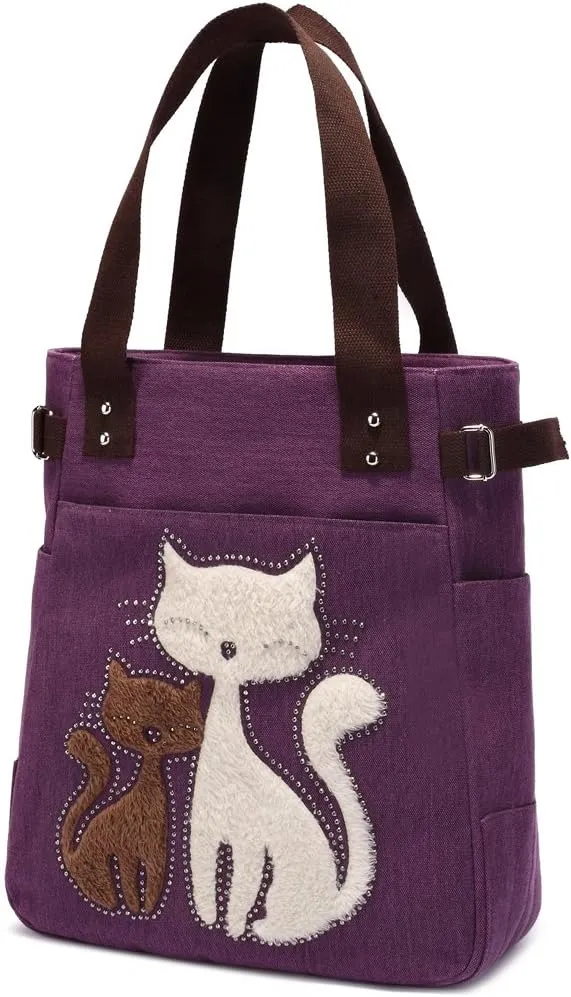 KAUKKO Women Canvas Handbag Shoulder Bag Cat Big Tote Bag(093-PURPLE)